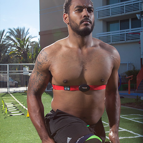 shirtless man modelling the MyZone heart monitoring belt